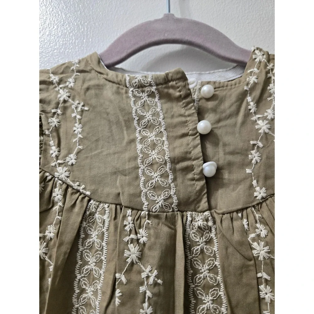 Ryan & Remi Baby Girl Olive Green Embroidered Puff‎ Sleeve Romper Onesie